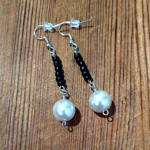 Elegant Pearl and Black Bead Earrings,  Handmade Ladies Dangle Earrings